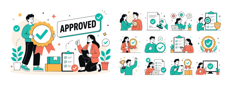 Certified Quality Approval. Banner showing person holding oversized medal badge while second character confirming certification, small elements like checkmarks, ribbons, stars near edges, bold