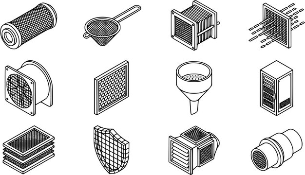 HVAC and Industrial Filtration Black and White Line Art Icons: Isometric Vector Set of Filters, Sieves, Fans, Ducts, Screens, and Purification Elements.