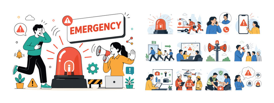 Emergency Siren Alert. Banner showing large siren light flashing with person reacting urgently while second character signaling emergency, small elements like waves, alert lines, dots near edges, bold