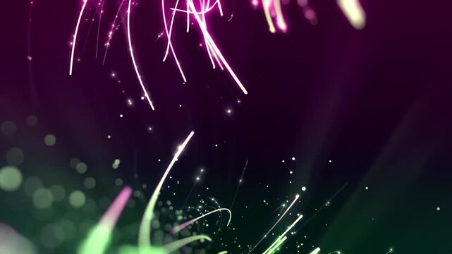 Glowing pink and green particle fiber lines background with floating bokeh flares and light rays loop