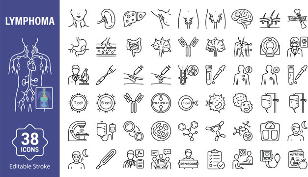 Lymphoma oncology web icons in line style. Lymphatic system, cancer symptoms, diagnosis, chemotherapy, and immunotherapy collection. Professional medical outline healthcare icon set. Editable stroke v