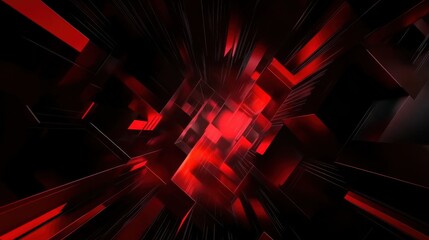 Fototapeta premium Red glowing geometric tunnel with dark cubes and speed lines, abstract cyber technology background for gaming, sci-fi, data and dramatic visuals.