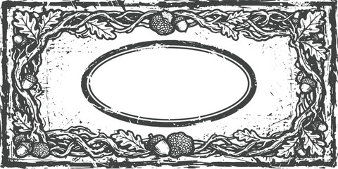 Grunge Rustic Oak Acorn Border Frame with Oval Center Label — Vintage Woodcut Style Vector Illustration ©  sTuDiO Banner 