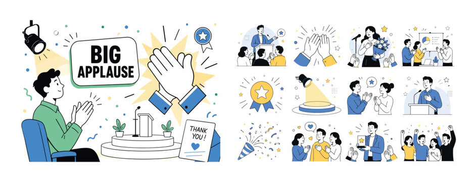 Applause Clapping Hands. Editorial banner with audience member clapping beside an oversized applause hands symbol and celebration stage, with sound lines, star badge, spotlight, thank you card shape,