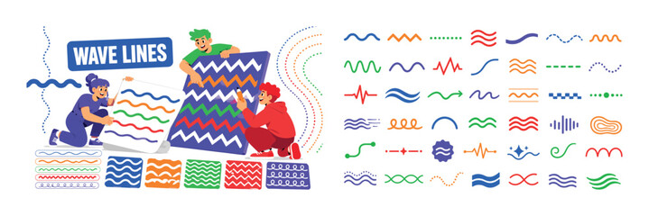 Fototapeta premium Wavy Line Patterns banner, lively abstract design scene with 3 expressive stylized human characters interacting with oversized wavy line sheet and giant zigzag pattern board, dotted line strip