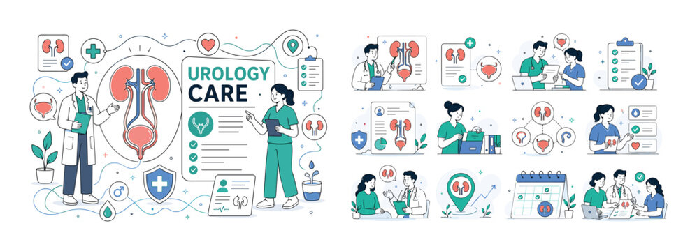 Urinary System Banner. Urinary system, kidney health, bladder, urology and medical anatomy banner with two geometric healthcare characters beside an oversized urinary system diagram and large urology