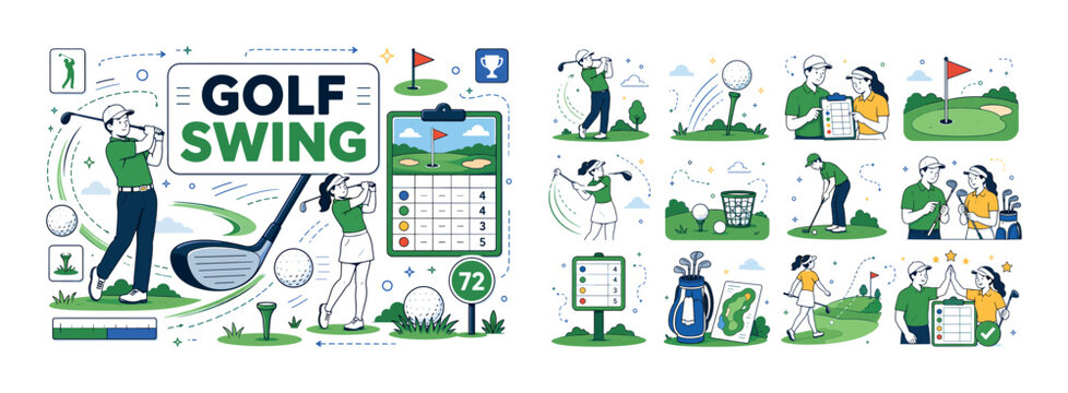 Golf Swing Banner. Golf swing, sport motion, club, ball and outdoor game banner with two geometric golfers beside an oversized golf club arc and large course score card, motion lines reaching all