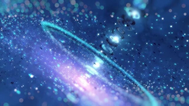 Abstract blue particles background with glowing circle ring light flare bokeh and floating sparkles