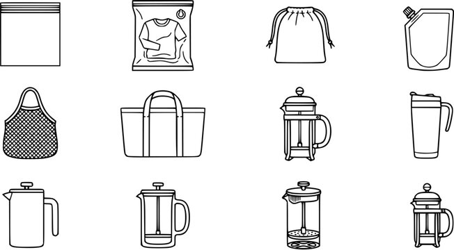 Black and white line art icons of reusable bags, travel mugs, and French presses for eco-friendly lifestyle