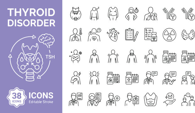 Thyroid disorder medical line icons set. Endocrine health, hypothyroidism, hyperthyroidism, symptoms, hormone, TSH, diagnosis, and treatment collection. Professional medical outline icon set