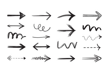 Fototapeta premium Black and white arrows in different styles and directions including straight, curved, and dashed lines on transparent background
