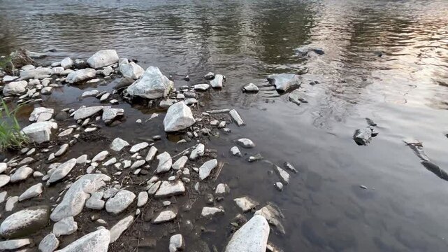 Close-up of flowing river water over rocks and stones, gentle left-to-right camera movement capturing ripples, natural splashing sounds and peaceful riverside atmosphere with birdsong in nature.