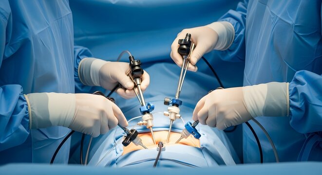 Minimally invasive surgery laparoscopic instruments performing abdominal procedure in operating room