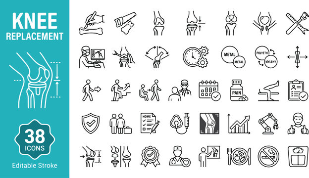 Knee replacement surgery web icons in line style. Arthroplasty, joint prosthetic, physical therapy, medicine, robotic surgery, and rehab collection. Professional medical outline icon set. Editable str