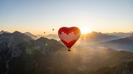 Fototapeta premium Heart hot air balloon over majestic mountains at sunrise