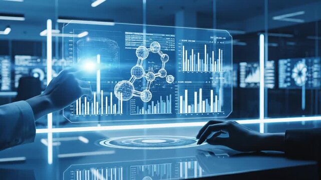 Scientist Hands Interacting with Digital Molecular Structure and Financial Bar Chart Interface on Futuristic Holographic Screen in High Tech Laboratory with Blue Neon Lighting