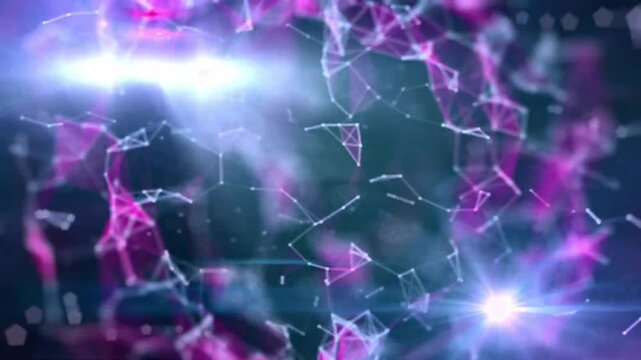 Abstract plexus wireframe sphere rotation with pink and blue glowing particles corporate tech loop