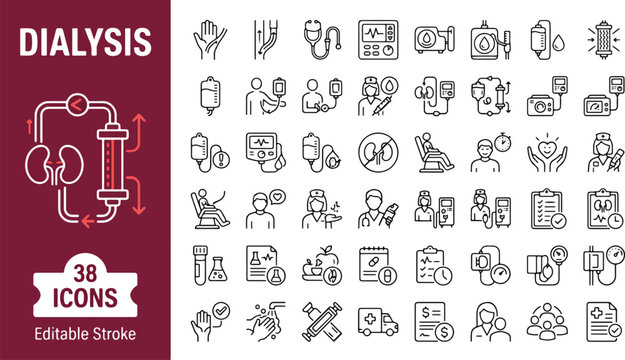 Dialysis and kidney health line icons set. Medical treatment, renal failure, hemodialysis equipment, patient care, and healthcare collection. Professional outline icon set with editable stroke.