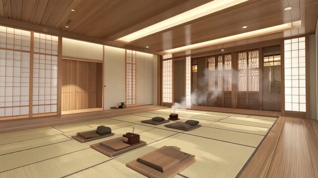 A serene, wood-paneled Japanese tea room with tatami mats, lighting and incense