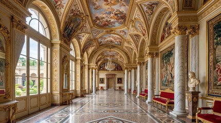 Obraz premium Ornate palace corridor lined with marble columns and frescoed vaulted ceiling overlooking garden courtyard through large arched windows