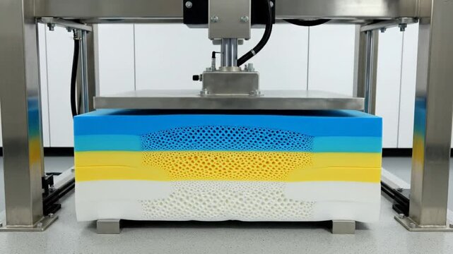 Compression test of multi-layered foam mattress with different densities under metal machinery.