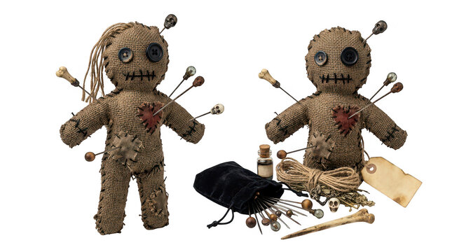 Two voodoo dolls with ritual accessories and pins isolated on transparent background