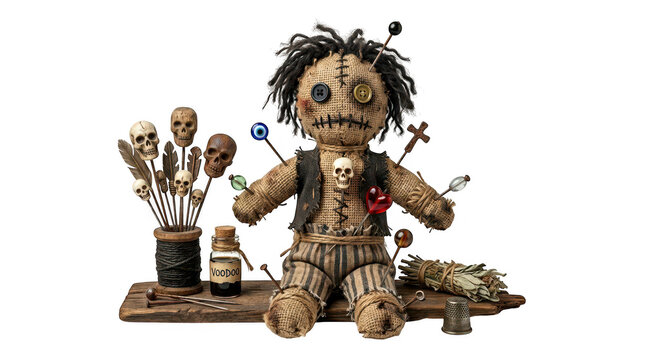 Voodoo doll with ritual items, skulls and potion bottle isolated on transparent background