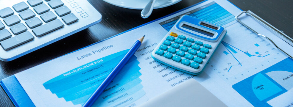 Banner Business Graphs charts office desk with copy space. Surfing internet online technology lifestyle. Banner Financial Planning Account Database Report. Technology lifestyle. Finance Excel graph