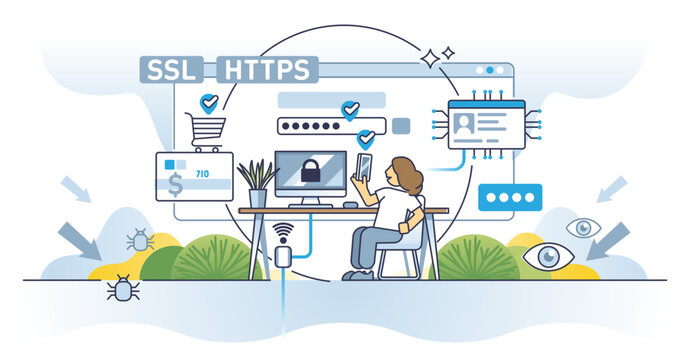 Web security and website digital network data protection outline concept, transparent background. Secure money payments and transactions using biometric data, password and encryption illustration.