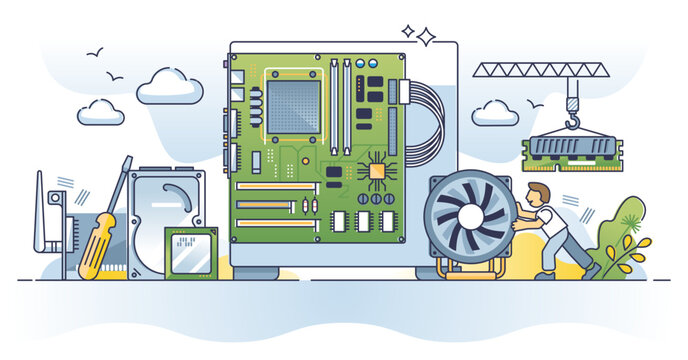 Building PC with electronic hardware parts and components outline concept, transparent background. Computer RAM memory, motherboard, case and CPU assembly in case with cooler illustration.
