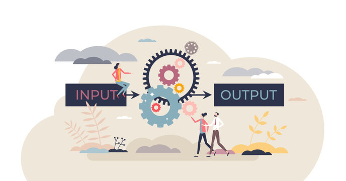 Algorithm data input and output process visualization tiny person concept, transparent background. Programming and coding set of rules for website automation and information management illustration.