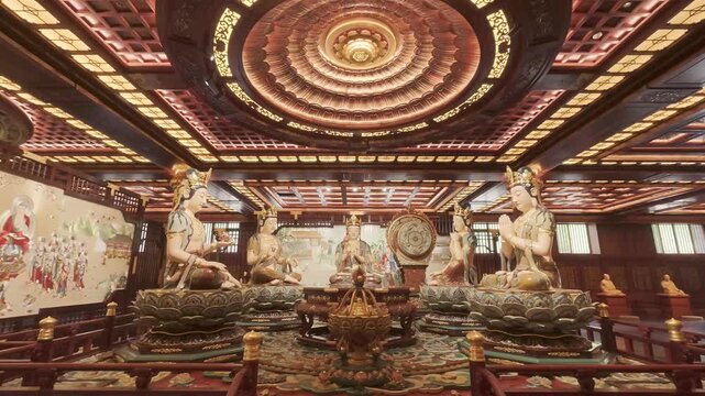 4K resolution tilt up cinematic shot of exquisite colorful Buddhist statues on lotus pedestals and a magnificent ornate wooden caisson ceiling inside the main hall of Donglin Temple in Jiujiang, shot 