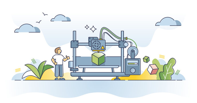 3D printing with three dimensional plastic printer hardware outline concept, transparent background. Machine for prototype manufacturing and development illustration.