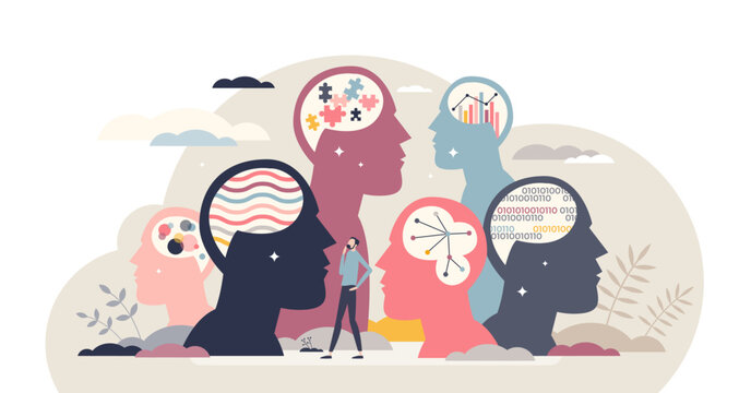 Personality differences and individual thinking styles tiny person concept, transparent background. Mental mindset variation in social community with different emotions.