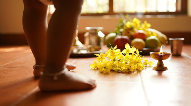 Child feet with silver anklets standing near vishu festival flowers