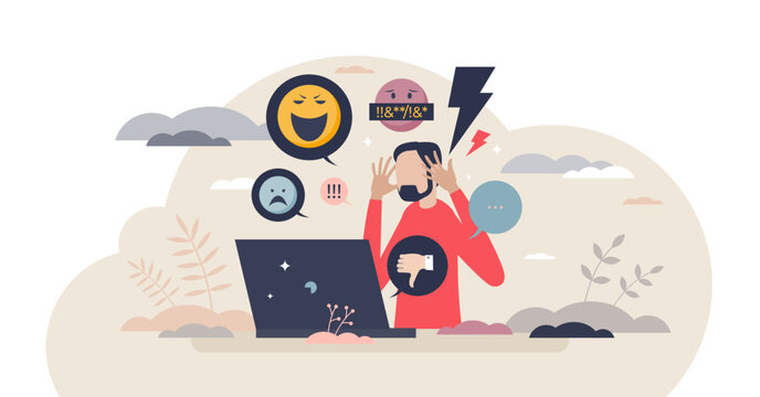 Online trolling and social media victim cruel bullying tiny person concept, transparent background. Psychological suffering from negative website comments and emotional frustration illustration.
