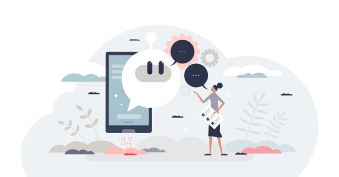 Natural language processing and robot communication tiny person concept, transparent background.