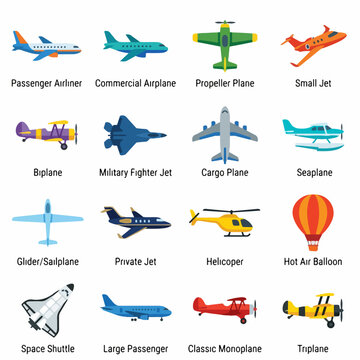 Set of Sixteen Aircraft Icons in Flat Illustration Style