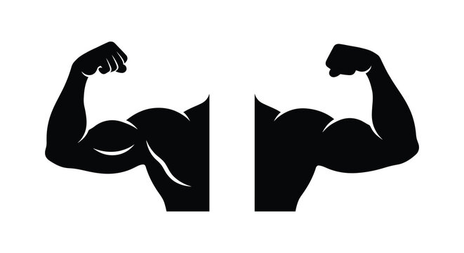 muscular arm flexing silhouette black white background strength fitness bodybuilding power muscle bicep shape icon graphic