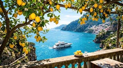 Obraz premium Terrace bowl of lemons overlooking yacht cruising turquoise bay with lemon tree canopy and coastal hillside village