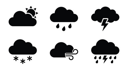 Obraz premium weather icons set in black silhouette clouds sun rain thunder snow wind forecast symbol sign graphic
