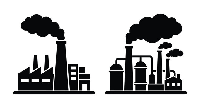 industrial factory buildings silhouette smokestacks pollution emissions architecture industry manufacturing environmental impact black white background vector