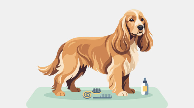 Cocker Spaniel Grooming Vector Illustration with Dog Brushes and Shampoo