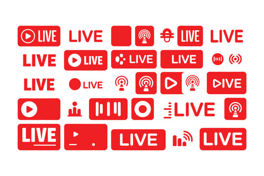 Red square live buttons with white live text, social media broadcast on transparent background, white text