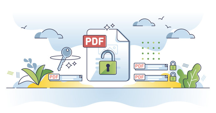 Unlock PDF format and edit locked text file with software tool outline concept, transparent background. Digital document encryption and safe information editing application illustration.