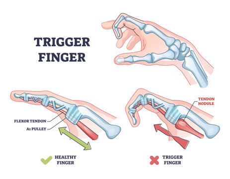 Trigger finger as finger stuck in bent position condition outline diagram, transparent background. Labeled educational scheme with medical trauma with bending index finger, flexor tendon.