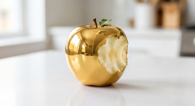 Conceptual image of a bitten shiny gold apple revealing fresh real fruit inside