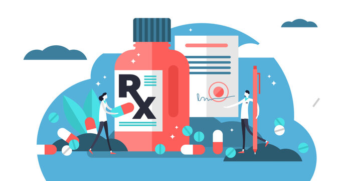 RX medical prescription drug illustration, transparent background. Flat mini persons concept with patient, pills, capsules, drugs and doctor. Disease therapy medicament sold by pharmacist.