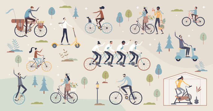 Riding bike set with various bicycle activity athletes tiny person collection, transparent background.Outdoor biking activity for modern and hypster transportation method illustration.