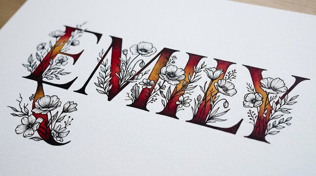 Floral calligraphy art with the name emily on paper